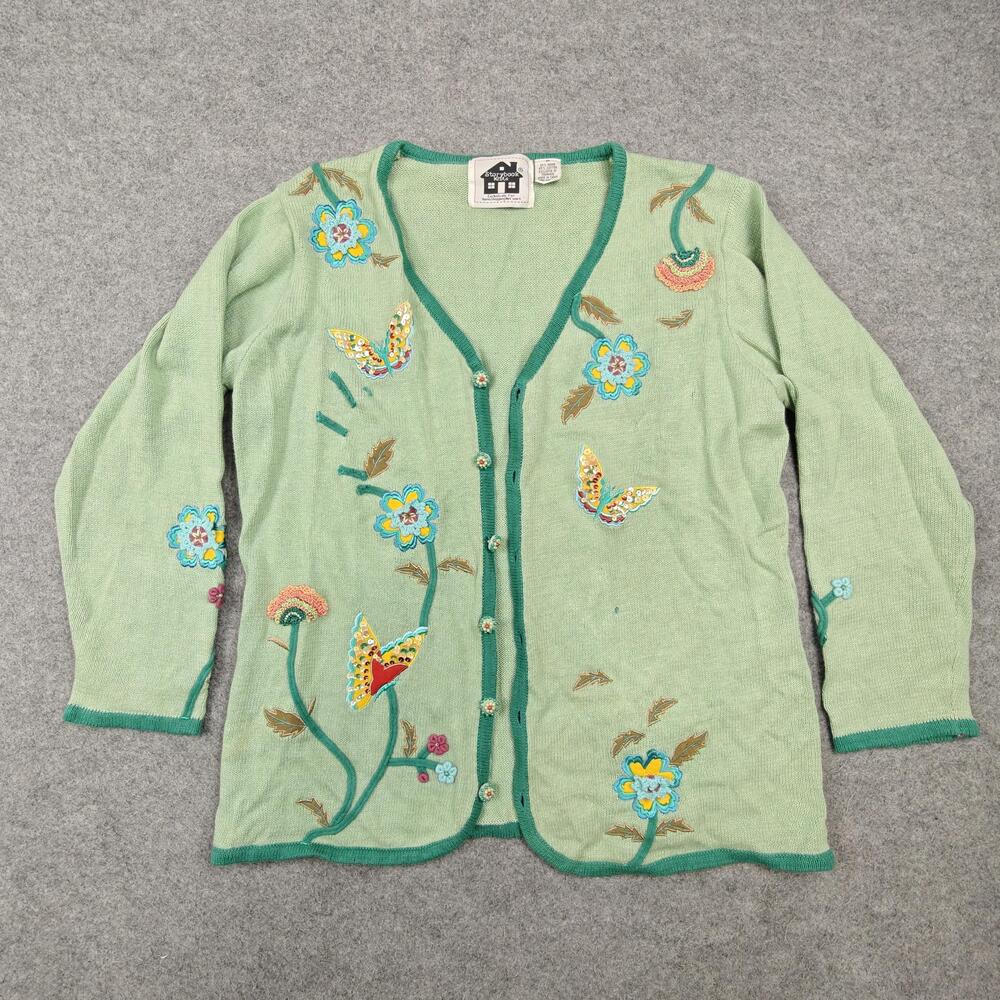 Vintage Storybook Knits Cardigan Womens Medium Green Floral Sequin Embellished
